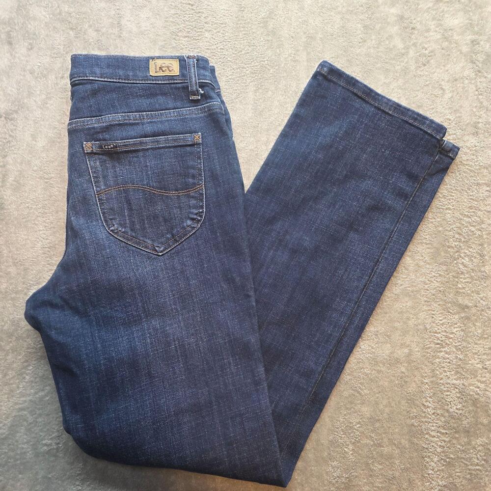 Lee Relaxed Straight Leg Jeans Womens 16 Blue Dark Wash Mid Rise Denim Casual